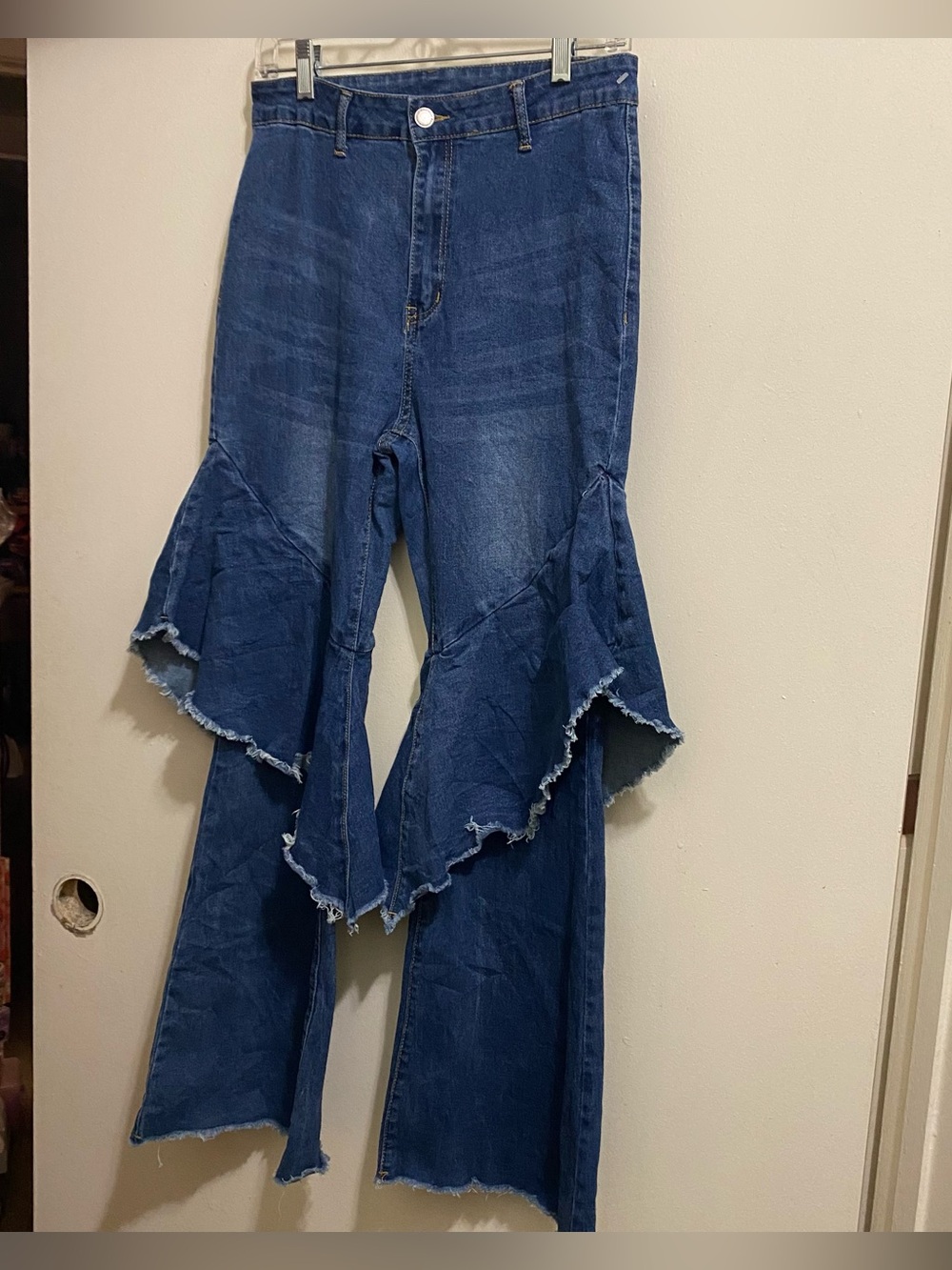 Shein Curve OXL XL 34x29 Jeans Flare Bell Bottom Ruffle Leg Blue Denim Festival